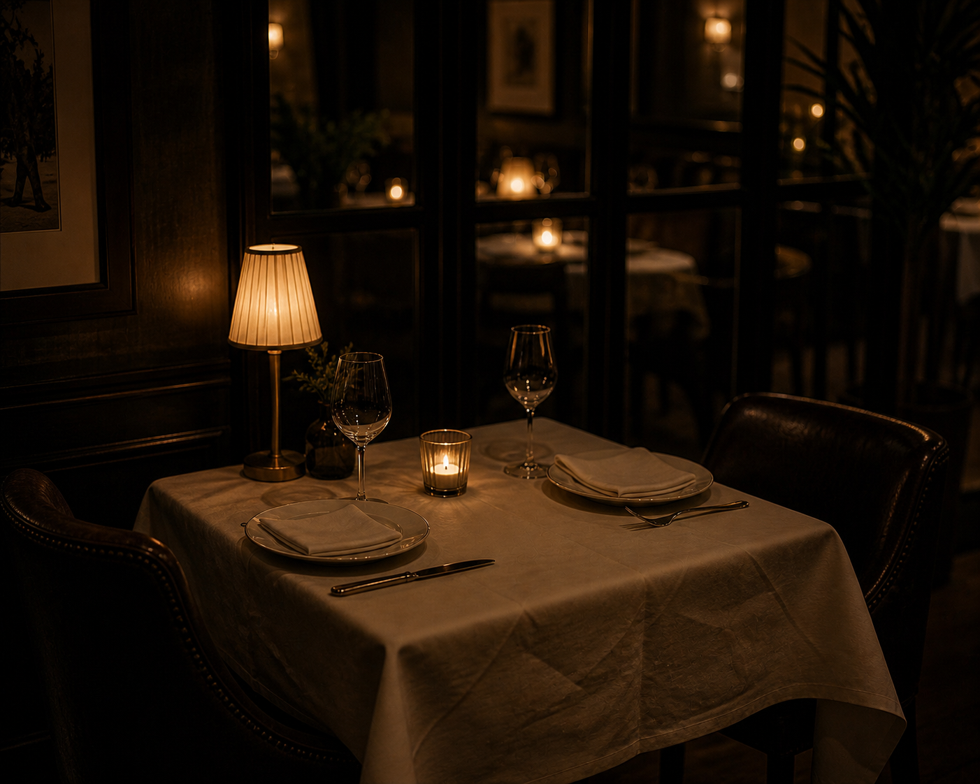 A candlelit table set for two